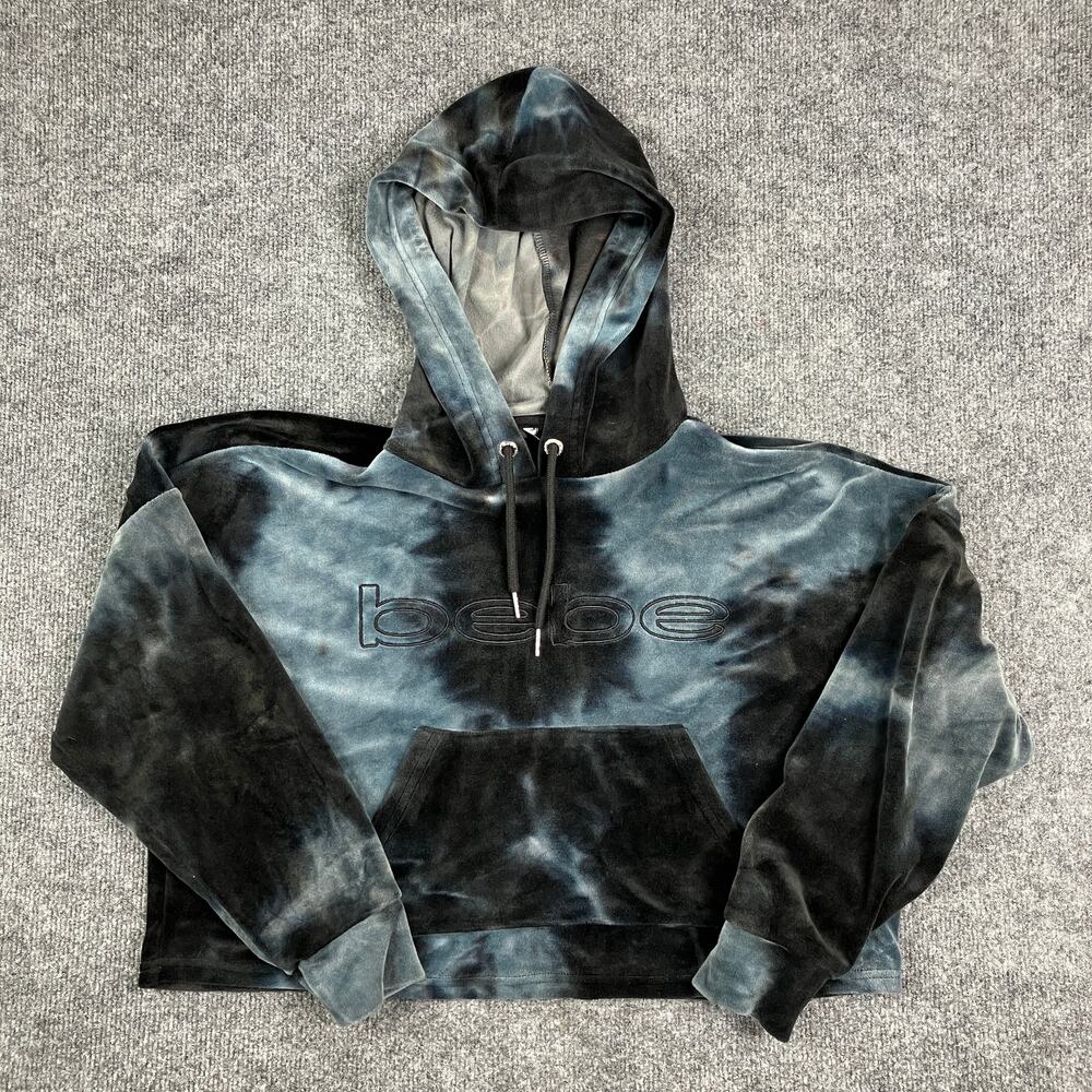 Bebe Sport Hoodie Womens Size M Black Blue Tie-Dye Velour Cropped Pullover Y2K